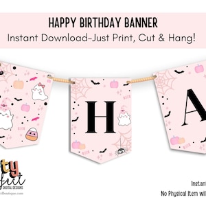 Happy Birthday Girlande Pink Geist Geburtstag | Party Halloween Dekor Rosa | Halloween Geburtstagsbanner Sofort Download |  DRUCKBARE DIGITALE DIY