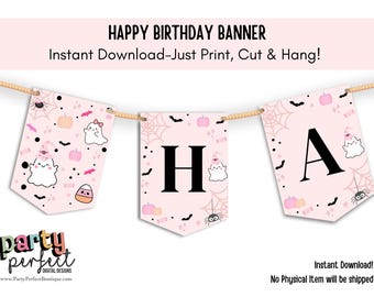Pink Ghost Happy Birthday Banner | Halloween Party Decor (Digital Download)