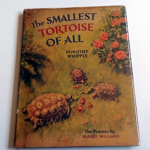 Puede incluir: La portada de un libro infantil titulado "The Smallest Tortoise of All" de Dorothy Whipple. La portada presenta una ilustración colorida de tres tortugas en un campo de hierba con rosas rojas en el fondo. El texto "The Pictures by Hubert Williams" está en la parte inferior de la portada.