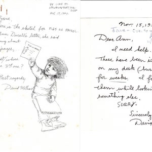 David McPhail, dos cartas, una con un boceto original, 1992