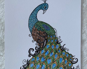 A5 Peacock Original Pen and Ink Drawing, Unframed Animal Artwork, Bird Lovers Gift Idea, Fast Free Shipping
