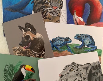 A6 Animal Art Print Greeting Cards, Animal Blank Cards for all Occasions, Variety Card Pack, Wildlife  Lover Gift Ideas, Fast Free Shipping