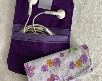 Purple Butterfly Earphone Pouch, Fabric Headphone Case, Handmade Earphone Case, Hearing Aid Pouch, Accessory Tidy, Fast Free Shipping