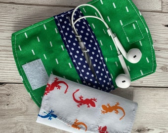 Gecko Earphone Pouch, Fabric Headphone Case, Handmade Earphone Case, Hearing Aid Pouch, Accessory Tidy, Fast Free Shipping
