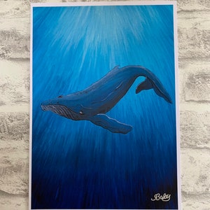 A4 Humpback Whale Print from Original Acrylic Painting, Underwater Animal Art Print, Unframed Ocean Wall Art Gift Ideas, Fast Free Shipping