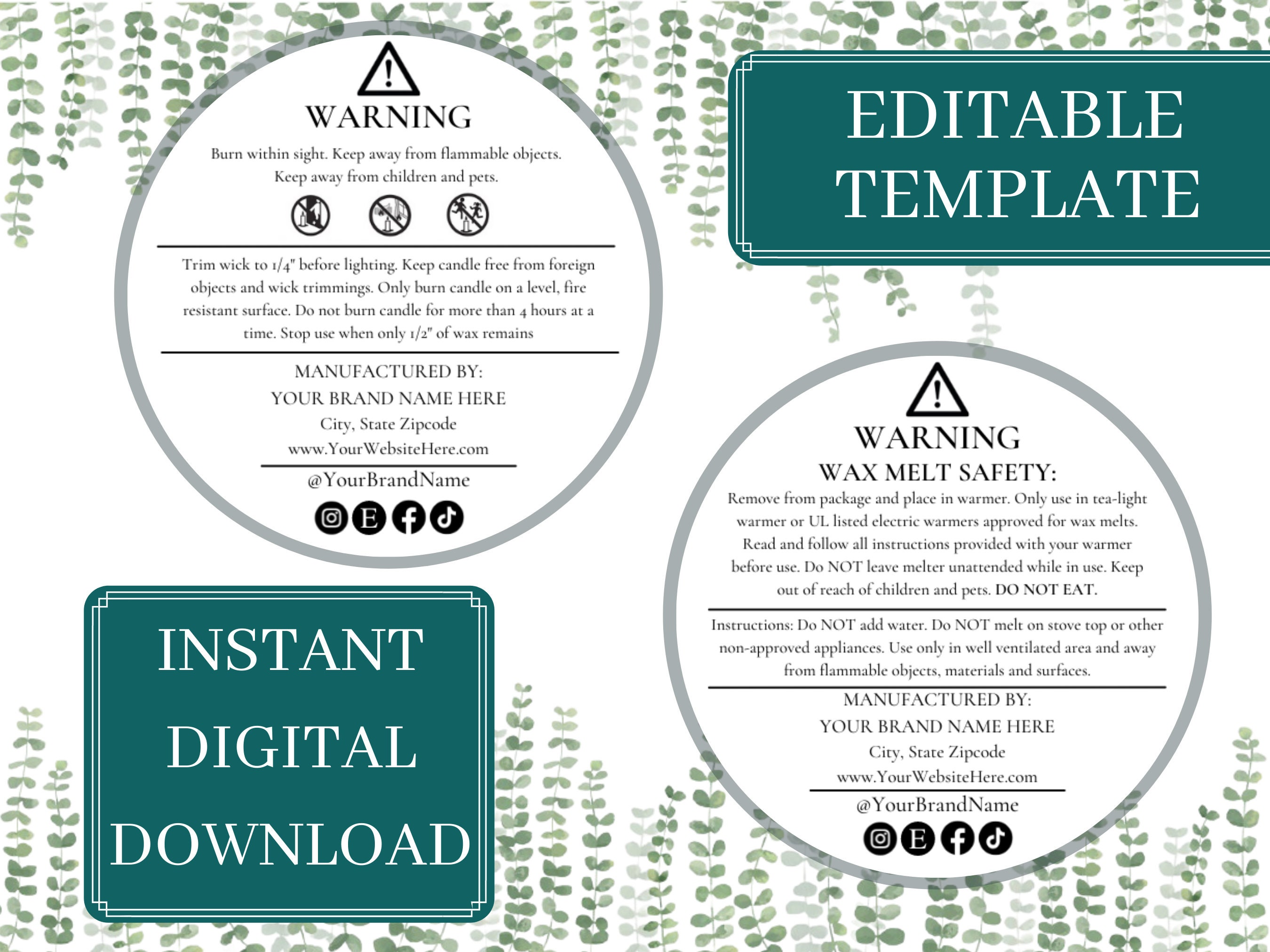 Candle & Wax Melt Warning Label Template DIGITAL DOWNLOAD Editable