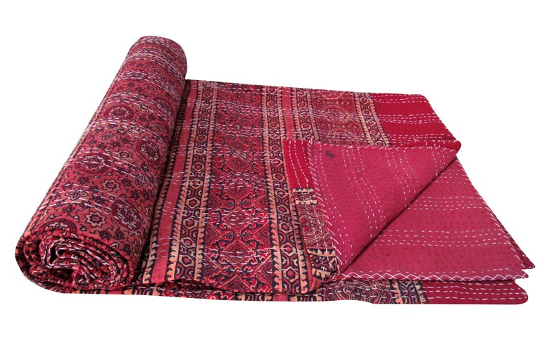 Handmade Kantha Quilt Ajrak Print Beautiful Red Bhoemain Wall Decor Indian Queen Size Bed Sheet