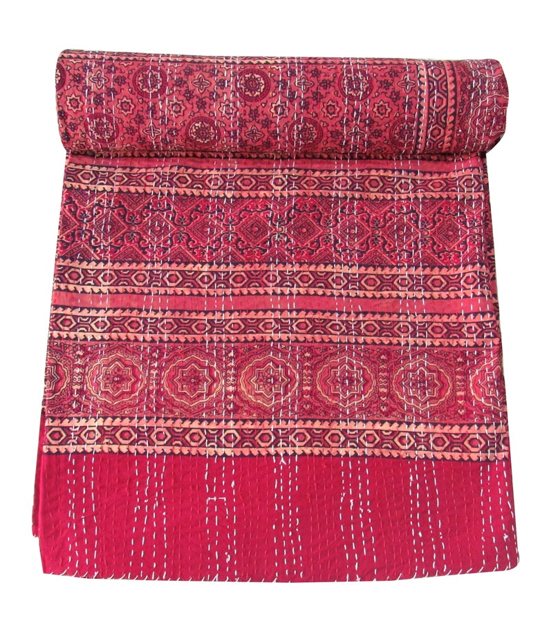Handmade Kantha Quilt Ajrak Print Beautiful Red Bhoemain Wall Decor Indian Queen Size Bed Sheet