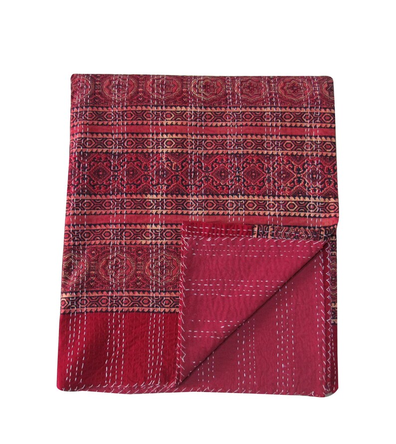 Handmade Kantha Quilt Ajrak Print Beautiful Red Bhoemain Wall Decor Indian Queen Size Bed Sheet