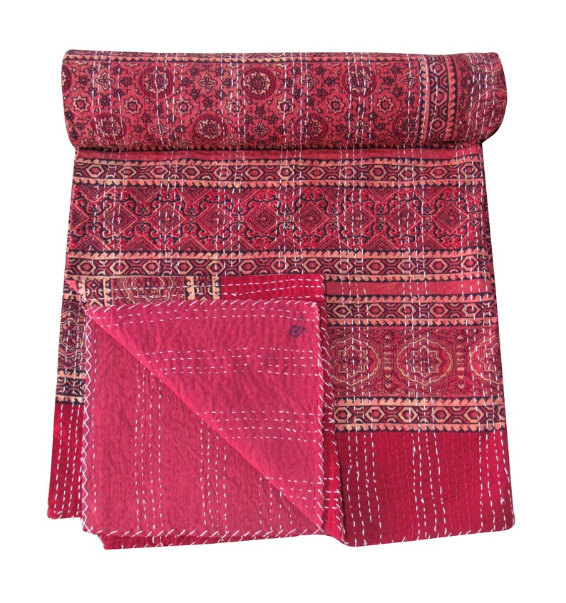 Handmade Kantha Quilt Ajrak Print Beautiful Red Bhoemain Wall Decor Indian Queen Size Bed Sheet