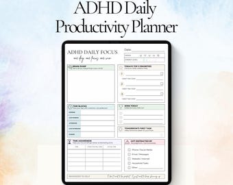 May include: A digital tablet displaying an ADHD Daily Productivity Planner with sections for brain dump, time blocks, time awareness, top three priorities, daily wins, and distraction tracking. The layout includes text headers and checkboxes.