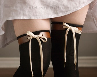 Genuine Leather Lace up Garters - Historically Inspired Clothing- Leather Bridal Garters - Historybounding Cottagecore Steampunk Accessories