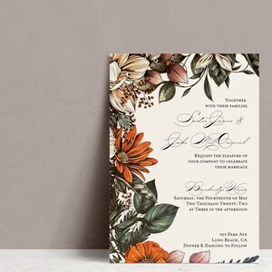 Sadie bruiloft uitnodiging, romantische uitnodigingskaarten, evenement, Boho Floral menu afdrukbare digitale sjabloon