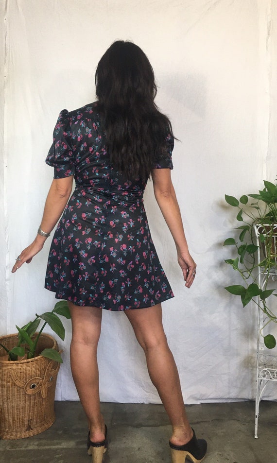 Vintage 1970’s black floral puff sleeve mini dress - image 7