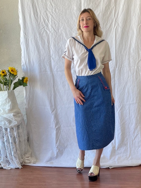 Vintage 1970’s blue and white polka dot midi skirt - image 1