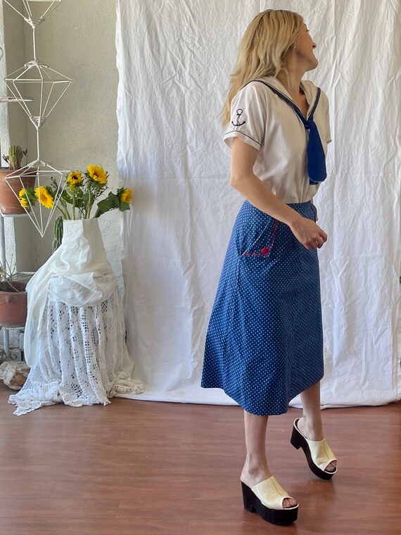 Vintage 1970’s blue and white polka dot midi skirt - image 6