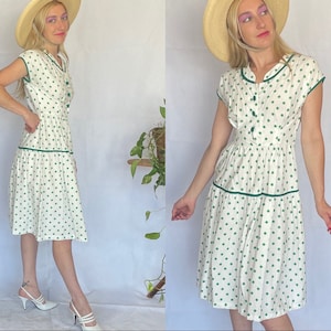 1940’s white with green polka dot picnic day dress