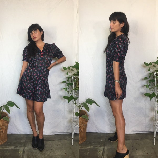 Vintage 1970’s black floral puff sleeve mini dress