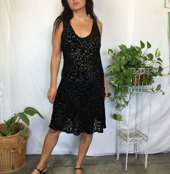 Vintage rayon silk black velvet burnout slip dress