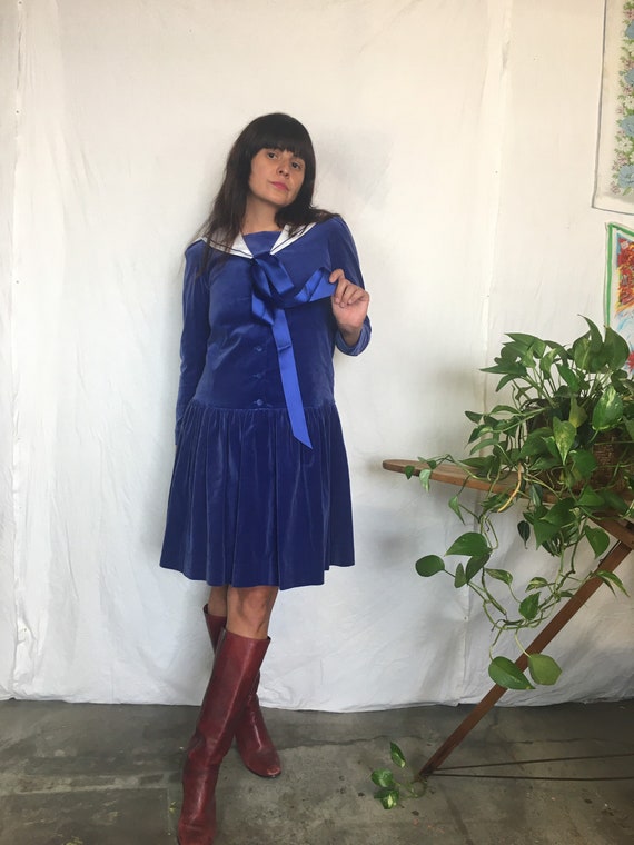 Vintage 1980’s Laura Ashley blue sailor girl velve