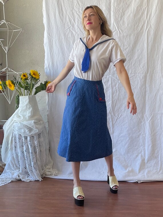 Vintage 1970’s blue and white polka dot midi skirt - image 3