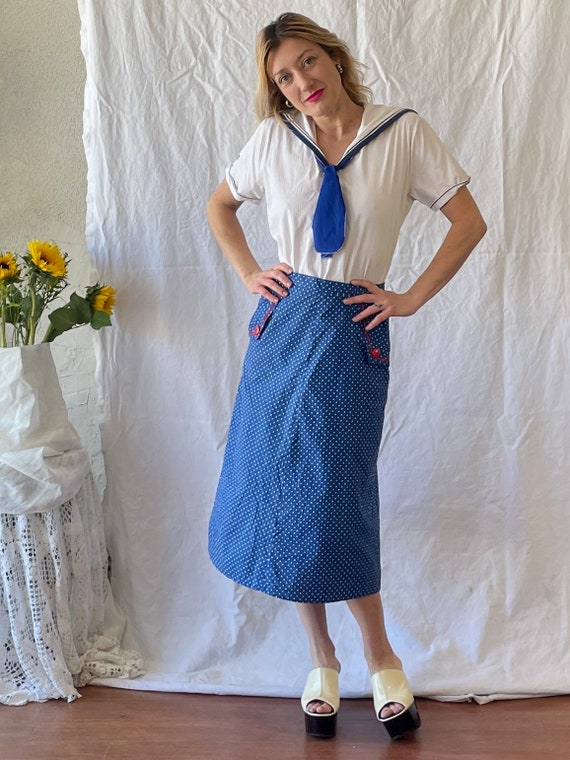 Vintage 1970’s blue and white polka dot midi skirt - image 4