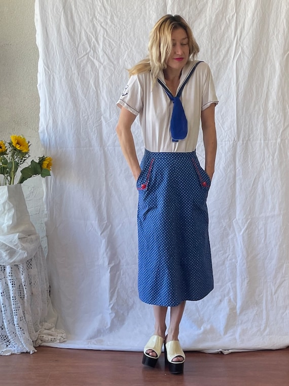 Vintage 1970’s blue and white polka dot midi skirt - image 5