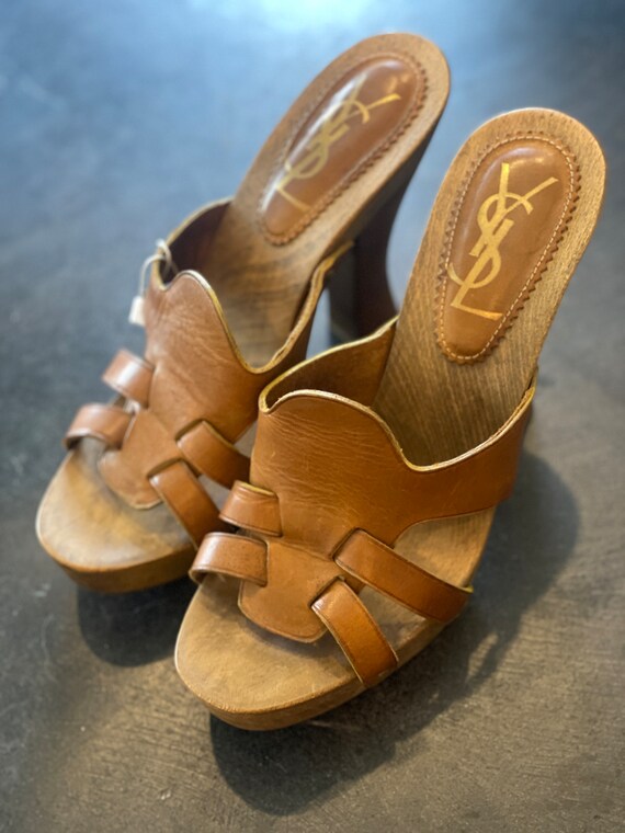 YSL brown wooden platform clogs heel