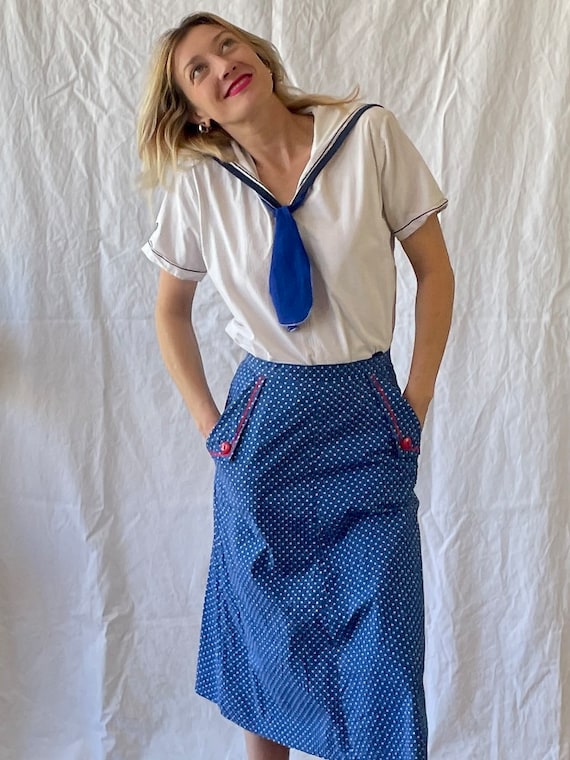 Vintage 1970’s blue and white polka dot midi skirt - image 2