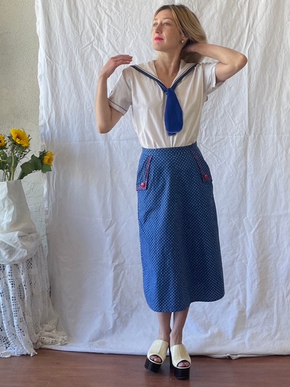 Vintage 1970’s blue and white polka dot midi skirt - image 8