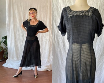 Vintage 50’s black sheer pin tucked black dress with lace detail