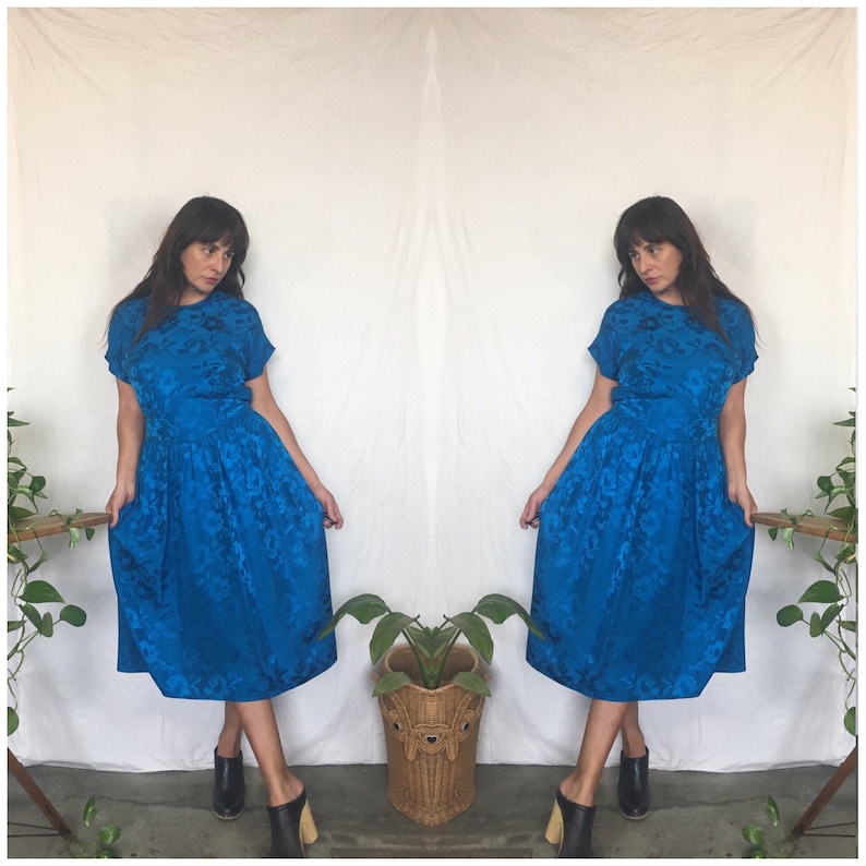 Vintage Adrianna Papell 1980’s electric blue floral print silk dress