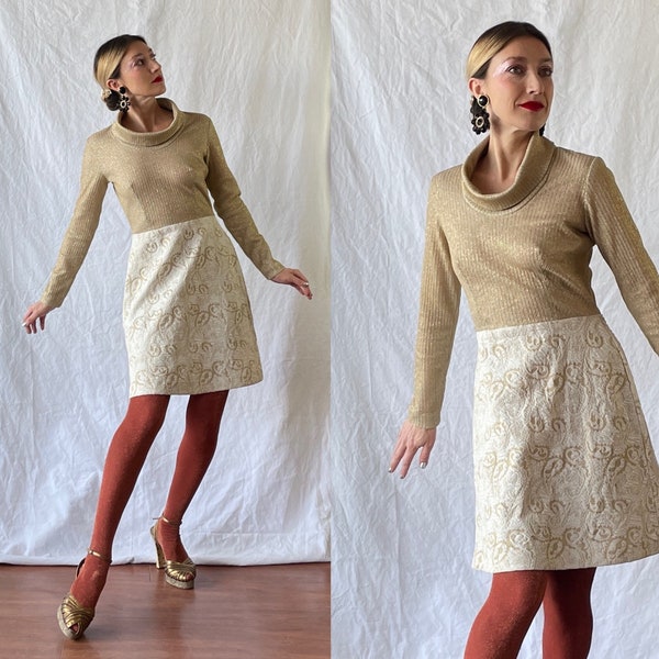 Vintage 1960’s gold and cream Toni Todd cowl neck mini sparkle dress