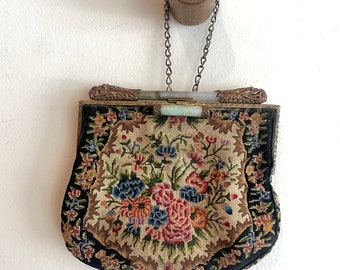 Antique petit point bag with dragon and stones latch