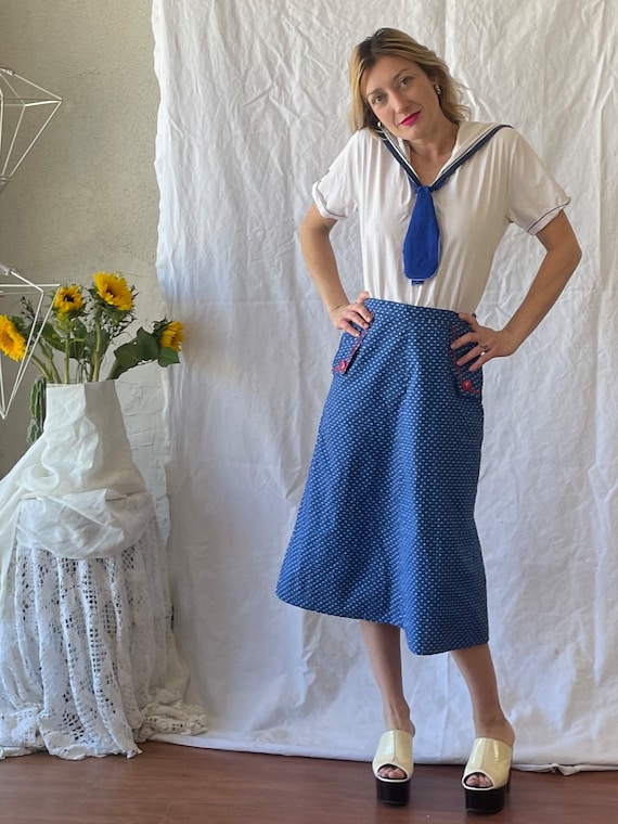 Vintage 1970’s blue and white polka dot midi skirt - image 7