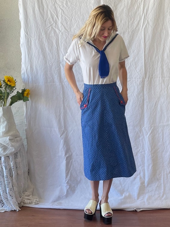 Vintage 1970’s blue and white polka dot midi skirt - image 10