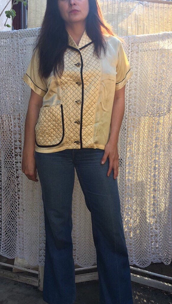 Vintage 1940s yellow quilted satin pajama top