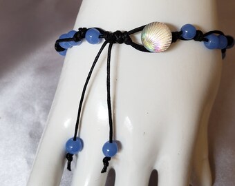 Cotton Cord Periwinkle Beaded Bracelet w/Rainbow Shell Button