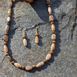 Mixed Natural Stone Necklace & Earrings, Bronzite, Picture Jasper, Tiger Eye Stone Necklace