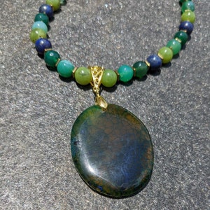 Dragon Vein Oval Agate Natural Stone Pendant, Green, Teal & Blue Stone Necklace