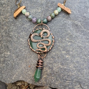 Green Aventurine Large Coin Pendant with Copper Snake