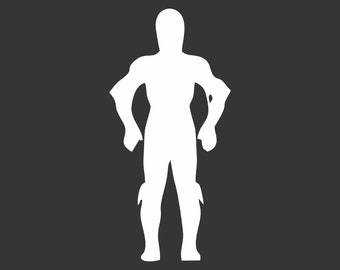 May include: A white silhouette of a person wearing a full-body suit with a helmet. The person is standing with their arms at their sides and their legs slightly apart.