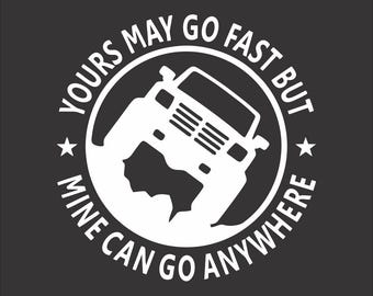 May include: White graphic on a black background. The graphic features a white off-road vehicle inside a white circle. The text reads "Yours may go fast but mine can go anywhere."