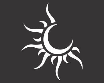 May include: A white stylized sun and crescent moon design. The sun has a jagged, flame-like edge and the moon is a crescent shape.