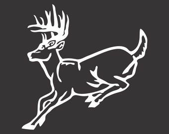 May include: A white silhouette of a deer with large antlers running to the right. The deer is outlined against a dark gray background.