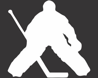 May include: A white silhouette of a hockey goalie in a defensive stance, with a hockey stick. The image is set against a dark gray background, creating a high-contrast graphic.