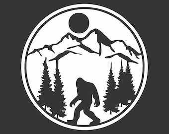 May include: Black and white silhouette of a Bigfoot walking in front of a mountain range with a full moon in the sky. The scene is surrounded by a white circle.