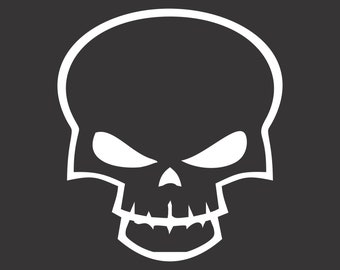 May include: A white outline of a skull with a menacing expression. The skull is set against a dark gray background.