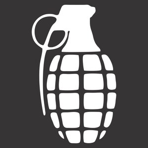 May include: A white silhouette of a grenade with a pin on the top. The grenade is a common symbol of danger and warfare.