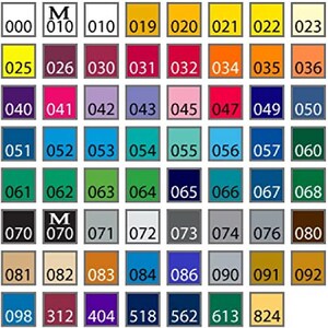 May include: A color chart with 64 different color swatches. The swatches are arranged in a grid of 8 rows and 8 columns. The colors range from bright yellow to dark brown. The chart is labeled with numbers from 000 to 824.